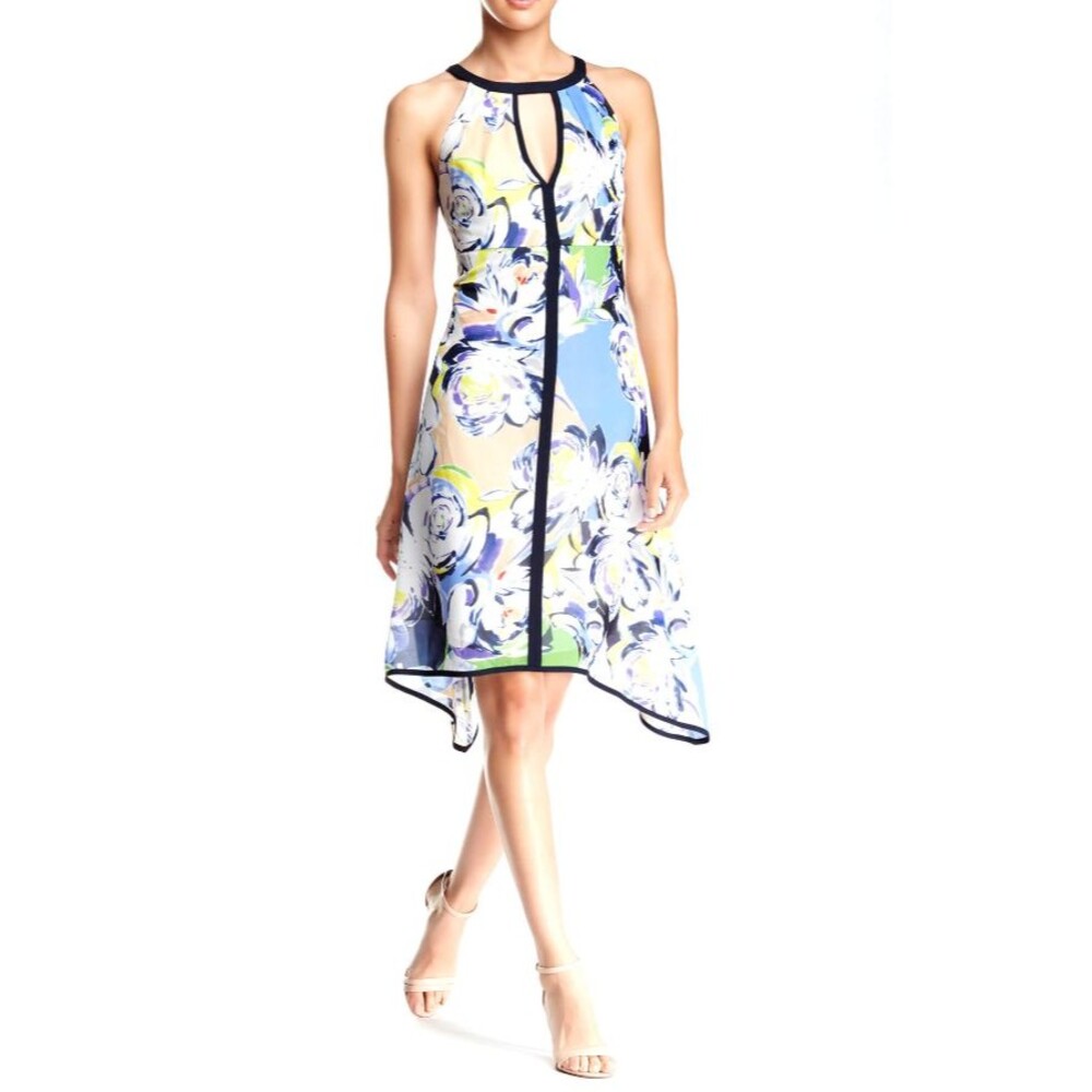 Adrianna Papell Floral Midi Halter Dress 10 Green Blue Keyhole Sharkbite Hem